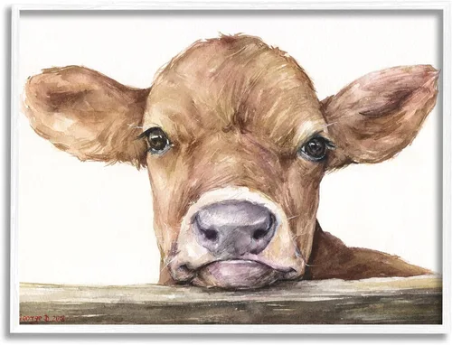 Stupell Industries Lindo bebé vaca animal acuarela pintura enmarcada Giclée diseño de arte por George Dyachenko