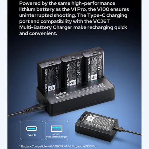 Vista 9 de Godox V100 N V100-N 100Ws TTL Flash, 400 destellos de potencia completa, tiempo de reciclaje de 1.7s, 2.4G inalámbrico con flash externo, luz