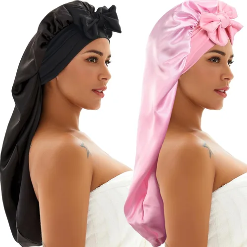 Vista 7 de 2 gorros de seda para dormir, gorro de satén trenzado con banda de corbata, gorro para dormir para mujeres y hombres, trenzas de cabello largo