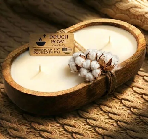 Vista 14 de Dough Bowl Candle Co. Vela de Soja Beach Linen - 3 Mechas Decoración Rústica de Granja Eliminador de Olores en Cuencos de Madera, Vela de Cuenco