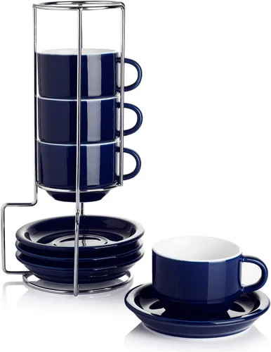 Vista 16 de Sweese - Juego de 4 tazas de espresso apilables de porcelana de 4 onzas con platillos y soporte de metal, color turquesa
