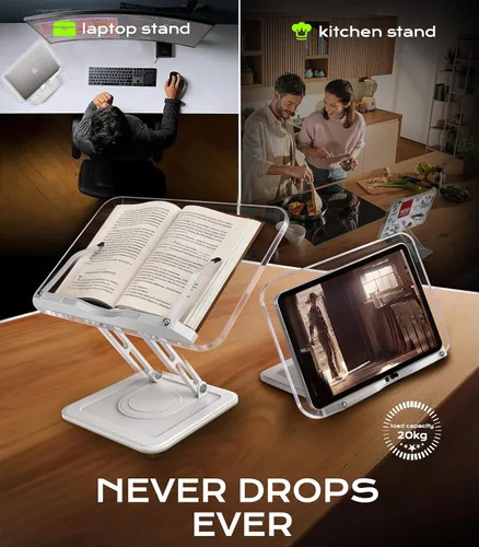 Vista 3 de Soporte para libros para lectura, soporte ajustable para libros con bases giratorias de 360°, soporte ergonómico para libros de recetas con clips