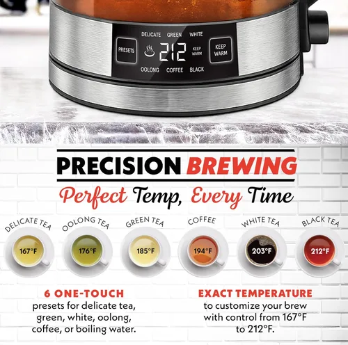 Vista 2 de Gourmia Hervidor digital programable de vidrio – Hervidor eléctrico de temperatura ajustable de 1.7 L con 6 ajustes preestablecidos, mantiene