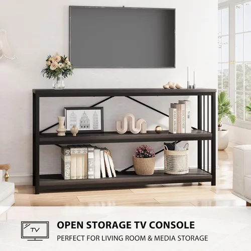 Vista 9 de LVB Mesa consola industrial, mesa de sofá de metal y madera, mesa de entrada rústica con almacenamiento, moderno estante de 3 niveles mesa larga