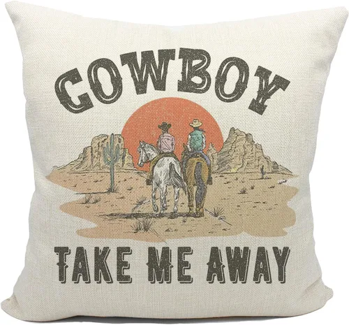 Mancheng-zi Cowboy Take Me Away - Funda de almohada retro con diseño de atardecer occidental, regalo de vaquera, 18 x 18 pulgadas, funda de cojín