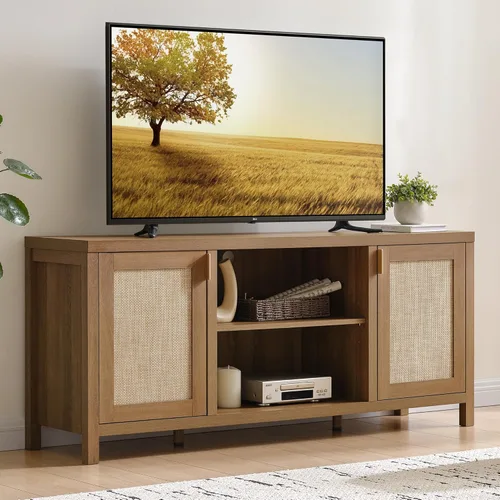 Vista 10 de SICOTAS Soporte de TV de ratán para sala de estar, centro de entretenimiento de granja de 26 pulgadas de alto con almacenamiento y puerta de mimbre