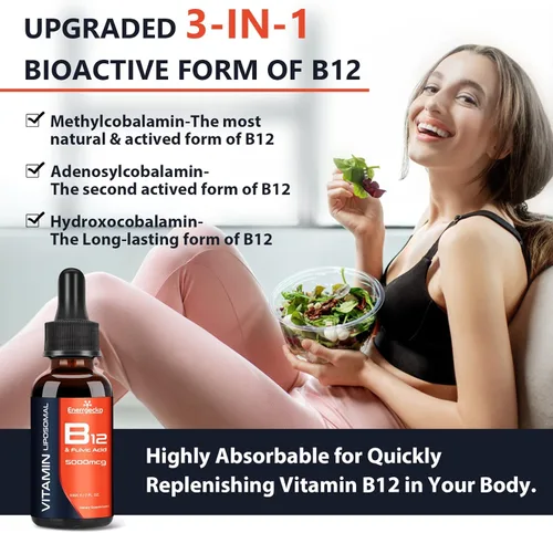 Vista 4 de Vitamina liposomal B12 sublingual 5000 mcg Maximiza la absorción, vitaminas B12 líquidas veganas B12 gotas con ácido fúlvico, fórmula bioactiva