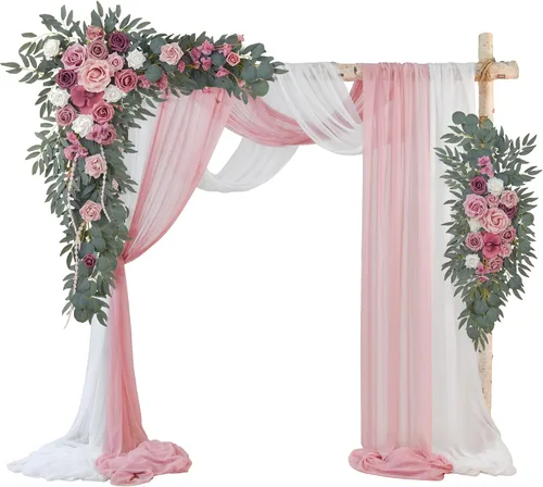 Vista 8 de Ting's time Juego de flores para arco de boda con cortinas (paquete de 4), 2 guirnaldas florales azul polvoriento y 2 cortinas de tela