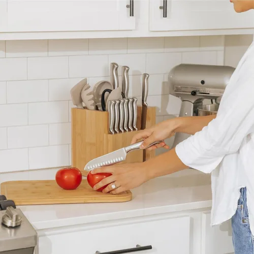 Vista 7 de KitchenEdge Bloque magnético de bambú para cuchillos y soporte para utensilios de cocina, almacenamiento elegante para cuchillos de chefs, cuchillos