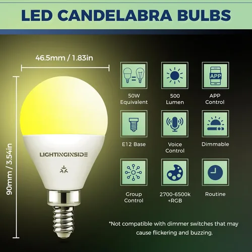 Vista 5 de Lightinginside Matter E12 Bombillas Inteligentes 50W Equivalente 5W 550LM, Compatible con Alexa/Siri/Apple Home/Google Home/SmartThings, Bombilla