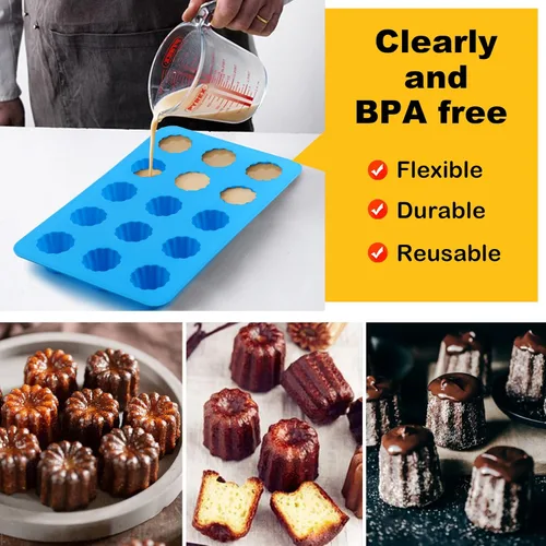 Vista 6 de Sidosir Molde de silicona para canele pequeño, 15 cavidades, mini molde antiadherente de silicona para hornear panecillos, moldes antiadherentes