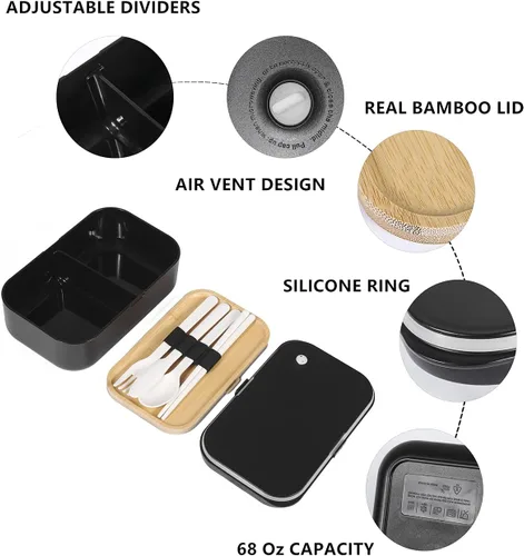 Vista 3 de Lonchera Bento Box para adultos, 2 recipientes apilables, 68 onzas, tapa de bambú natural, apta para microondas, apta para lavavajillas, sin BPA