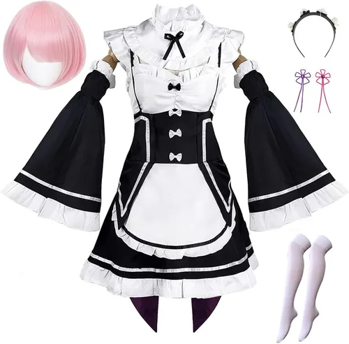 Vista 8 de Lmetsky Rem Ram Disfraz de Cosplay Vestido Disfraz de Natsuki Subaru Re Zero Conjunto de Cosplay Uniforme de Sirvienta Halloween