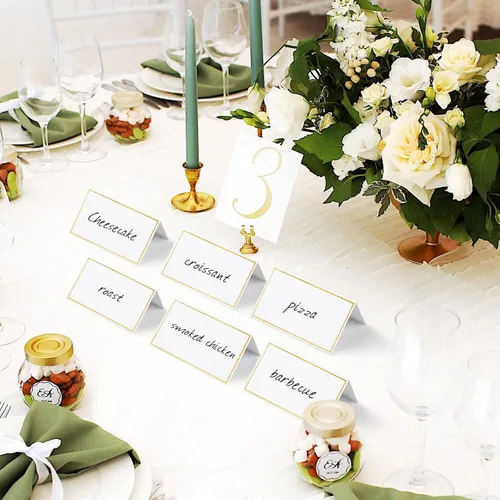 Vista 2 de 120 piezas de tarjetas de lugar, tarjeta de asiento de 2x3.5 pulgadas en blanco rellenable para banquete con marco de lámina dorada para mesa