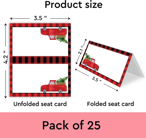Vista 2 de Tarjetas de lugar con camión rojo, con puntuaciones para plegarse fácilmente, juego de 25 tarjetas de asiento de mesa estilo tienda, decoración