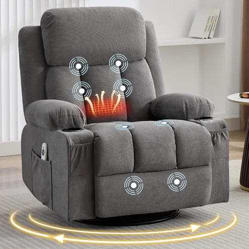 MAHOMICO Silla reclinable giratoria con masaje por vibración y calor para sala de estar, con función de balanceo y bolsillo lateral, puerto de carga