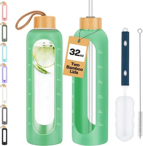Vista 12 de Botellas de agua de vidrio de 32 onzas, botella de agua motivacional de vidrio con funda de silicona, popote y 2 tapas de bambú, vaso de admisión 1