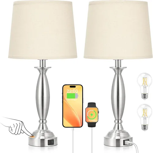 Vista 18 de Seealle Juego de 2 lámparas blancas para dormitorio, lámpara de noche de control táctil con USB C+A, lámparas de mesita de noche regulables de 3