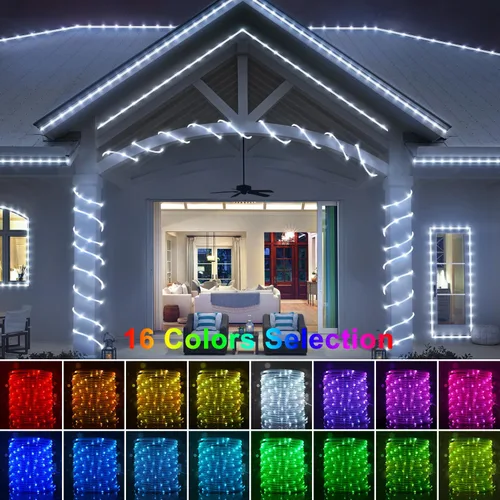 Vista 2 de OMIKA Cuerda de luces para exteriores, 33 pies, 100 LED, 16 colores cambiantes, funciona con USB, tubo de luces de cama elástica con control remoto