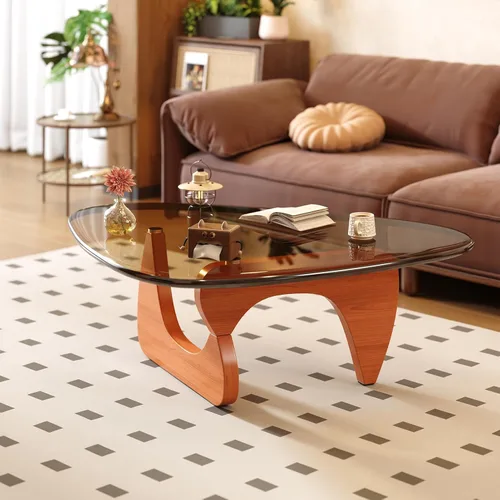 Vista 11 de Mesa de centro para sala de estar, mesa central moderna de mediados de siglo con tapa de vidrio y madera, transparente/nogal