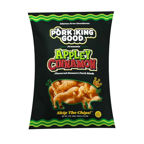 Pork King Good Appley Cinnamon - Cortezas de cerdo con sabor a postre de 3 onzas (paquete de 4) dulces y salados, aperitivos sin gluten