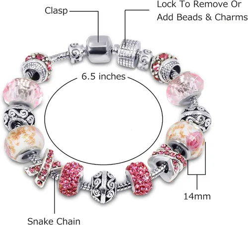 Vista 3 de Savlano Silver Tone Charm Bracelet with Crystal and Murano Glass Beads Snake Chain for Women Comes in a Gift Box