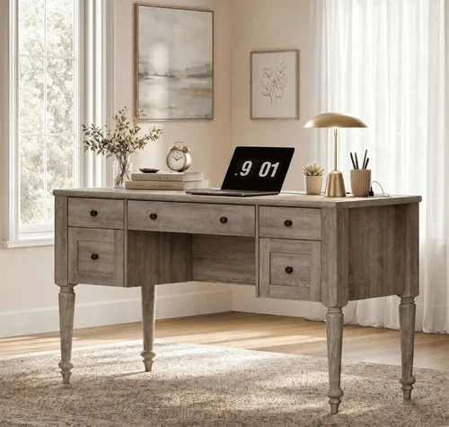 Vista 11 de WAMPAT Escritorio ejecutivo de madera con 5 cajones y estación de carga, beige, 56 pulgadas