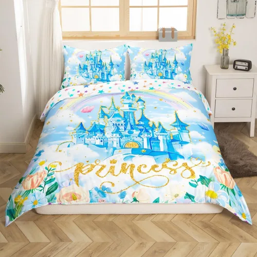Vista 22 de Feelyou Juego de ropa de cama de casstle con purpurina para niños, tamaño individual, funda de edredón de cuento de hadas para niños y niñas, funda