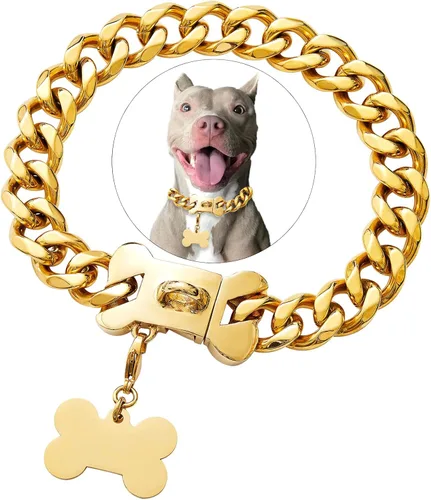 Vista 9 de Collar de acero inoxidable con eslabones de oro cubano resistente para perros pequeños, medianos y grandes, collar de perro de bulldog francés