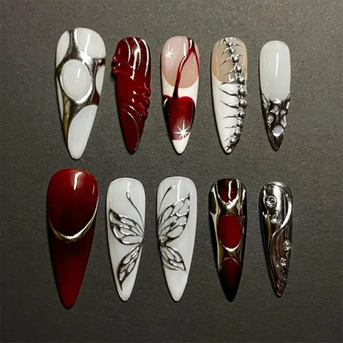 Vista 21 de MISUD Uñas a presión largas tipo Stiletto con pegamento de Rojo Gótico y Negro, diseño gótico cruzado acrílico, 24 piezas