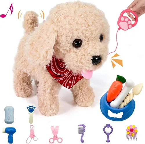 Juguete de Cachorro de Peluche Interactivo que Camina, Perro Robot Electrónico con Control Remoto Cola Realista que Menea, Juego de Aseo Rico, Dorado