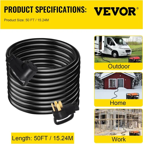 Vista 7 de VEVOR Cable de extensión de RV de 50 pies y 50 amperios, NEMA N14-50P a N14-50R, 125/250V resistente STW 6/3+ 8/1, cable de alimentación