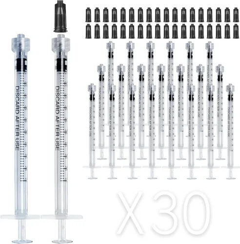 Vista 9 de Paquete de 30 jeringas Luer Lock de 0.0 fl oz sin aguja, jeringas de plástico de 1 cc selladas individualmente estériles con tapas de punta, sin