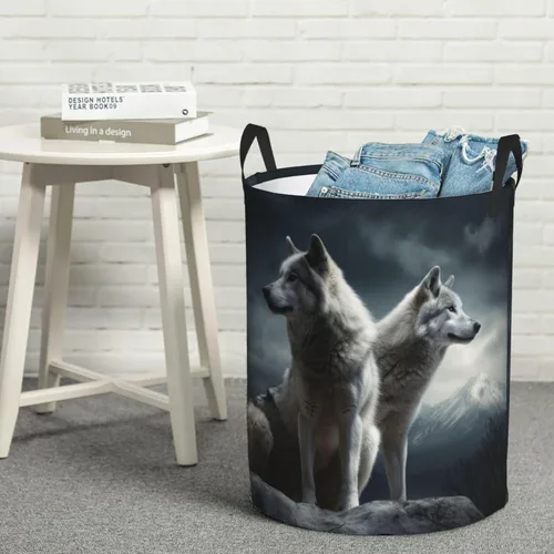 Vista 8 de Cesta circular con estampado de lobo en la noche, impermeable, cesta organizadora de lavandería, con asas, para ropa, juguetes, tamaño mediano