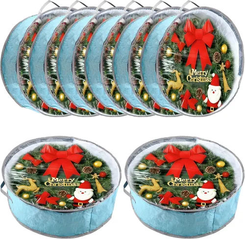 Vista 8 de Dunzy 8 Piezas Contenedor de Corona Bolsa de Almacenamiento de Corona de Navidad Guirnalda Tela Resistente a Desgarros Cajas Redondas con Ventana