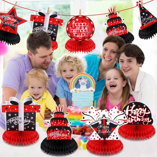 Vista 5 de Leyndo 9 piezas de decoración de mesa rojo y negro, centros de mesa de nido de abeja, decoraciones de mesa de cumpleaños, centros de mesa rojo