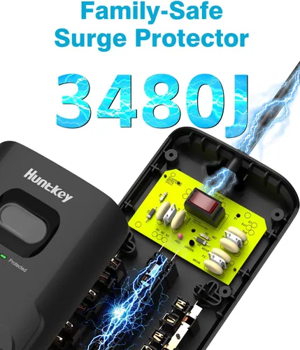 Vista 3 de Huntkey - Regleta protectora de sobretensiones (3480J), 12 salidas con 2 USB A y USB C de 20 W, carga rápida, enchufe plano de 6 pies, cable