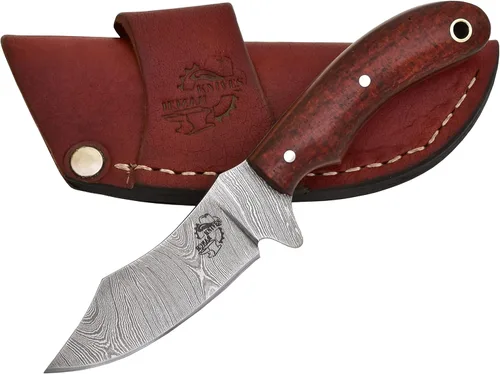 Knives Ranch Cuchillo utilitario EDC hecho a mano, espiga completa, acero de damasco, mango de micarta de arpillera, funda de vaquero resistente