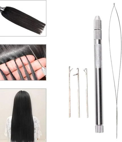 Vista 4 de 5 agujas de bucle de extensión de cabello, mango de aluminio, herramienta de gancho para tirar de enhebrador y herramienta de dispositivo