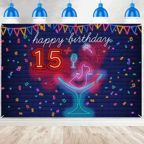 Cartel de neón con texto en inglés «Happy 15» Birthday Girl Happy 15 Birthday Banner «Cheers to 15 años» de tacón alto, maquillaje para decoración