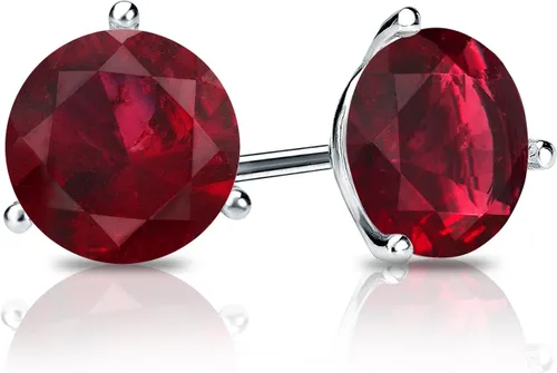 Vista 2 de Pendientes de tuerca redondos de oro blanco de 14 quilates con piedras preciosas de rubí en 3 puntas (12 quilates)