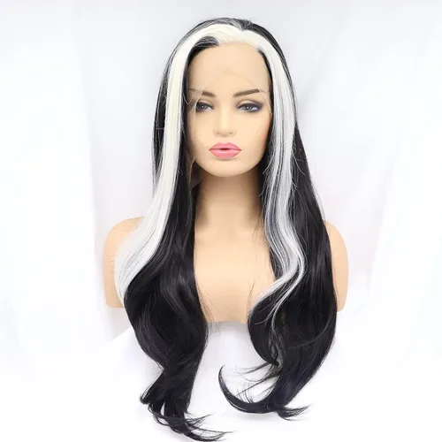 Vista 10 de xiweiya Peluca larga y rizada negra natural ondulada 1b# negro sintético con encaje frontal, resistente al calor, peluca de línea capilar natural