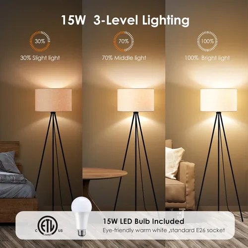 Vista 3 de Lámpara de pie para sala de estar, lámpara de pie trípode, bombilla LED de 15 W, 3 niveles de brillo regulable, pantalla de lámpara de lino, lámpara
