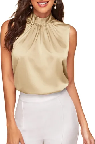 Verdusa Blusas elegantes de satén sin mangas para mujer, plisadas en la espalda, trajes de trabajo elegantes
