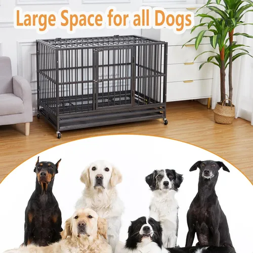Vista 7 de Jaula indestructible para perros de 48 pulgadas, jaula para perros grande resistente con ruedas y cerraduras resistentes, perrera interior con doble