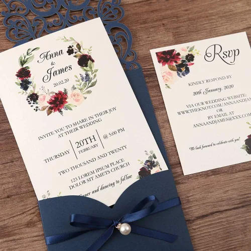 Vista 5 de 5X7.2 Pulgadas 50 Piezas Tarjetas de Invitación de Boda en Blanco Cortadas con Láser Azul Marino con Tarjetas Rsvp y Sobres y Banda de Cinta