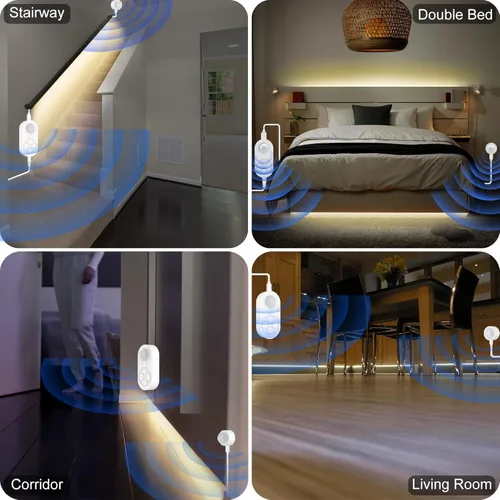 Vista 3 de Luces de Escalera con Doble Sensor para Interiores, Tira de Luz para Escalones Activada por Movimiento Enchufable para Interiores con Atenuador