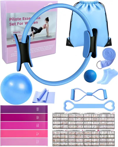 Vista 9 de Home Pilates Essentials Set de equipo de pilates para mujer con guía de usuario completa, anillo de pilates de 13 pulgadas, pelota de ejercicio