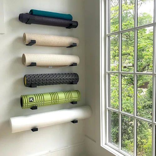 Vista 6 de StoreYourBoard Estante de almacenamiento para esterilla de yoga – Soporte de pared para rodillos de espuma, bandas de resistencia, accesorios