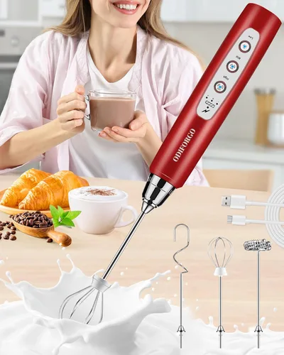 Vista 8 de ODIFORGO Espumador de leche de mano, batidor eléctrico recargable USB tipo C de 3 velocidades ajustables, varita espumadora de café con 3 batidores